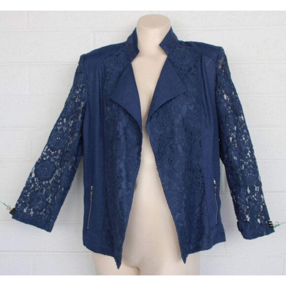 Chico's 1 M 8 10 Navy Blue Sheer Lace 3/4 Sleeves Open Front Zip Pockets Jacket - Picture 1 of 10